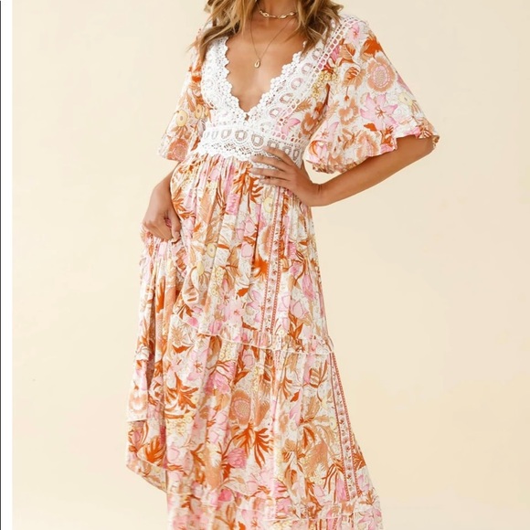 INDIO CROCHET INSERT DEEP V-NECKLINE ANGEL SLEEVE MAXI DRESS FLORAL PRINT PINK - Picture 4 of 9